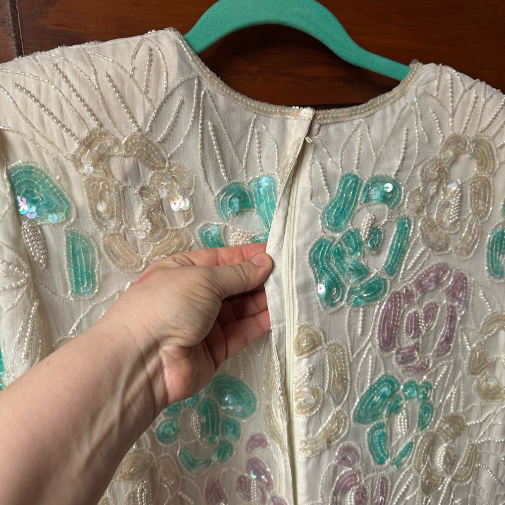 Vintage Floral Sequined Embroidered Teal, Pink & White Blouse - Picture 8 of 10